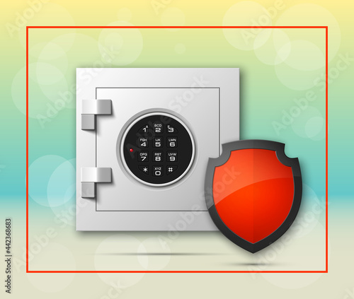 Protection shield strongbox. Safety badge banking. Defense safeguard shield finans icon. Security bank software. Financial shield guard. Privacy Electronic money funds transfer. Deposits investments