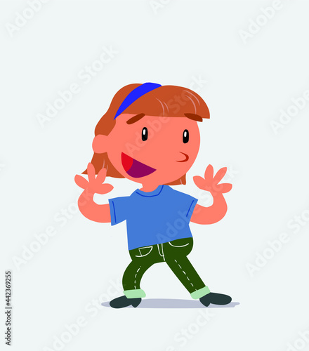 cartoon character of little girl on jeans smiling while pointing