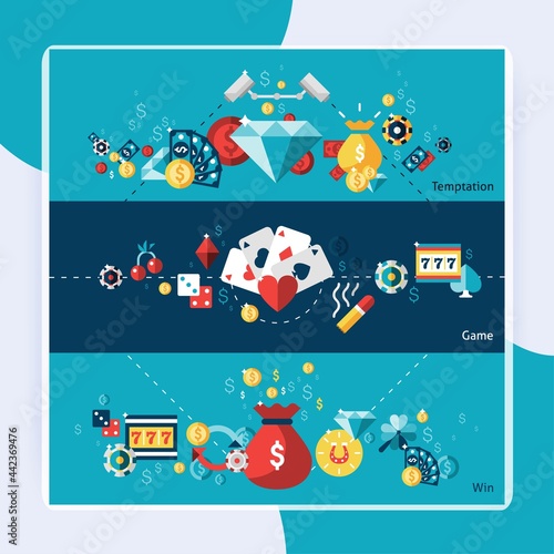 Casino horizontal banner set with temptation game win elements isolated vector illustration