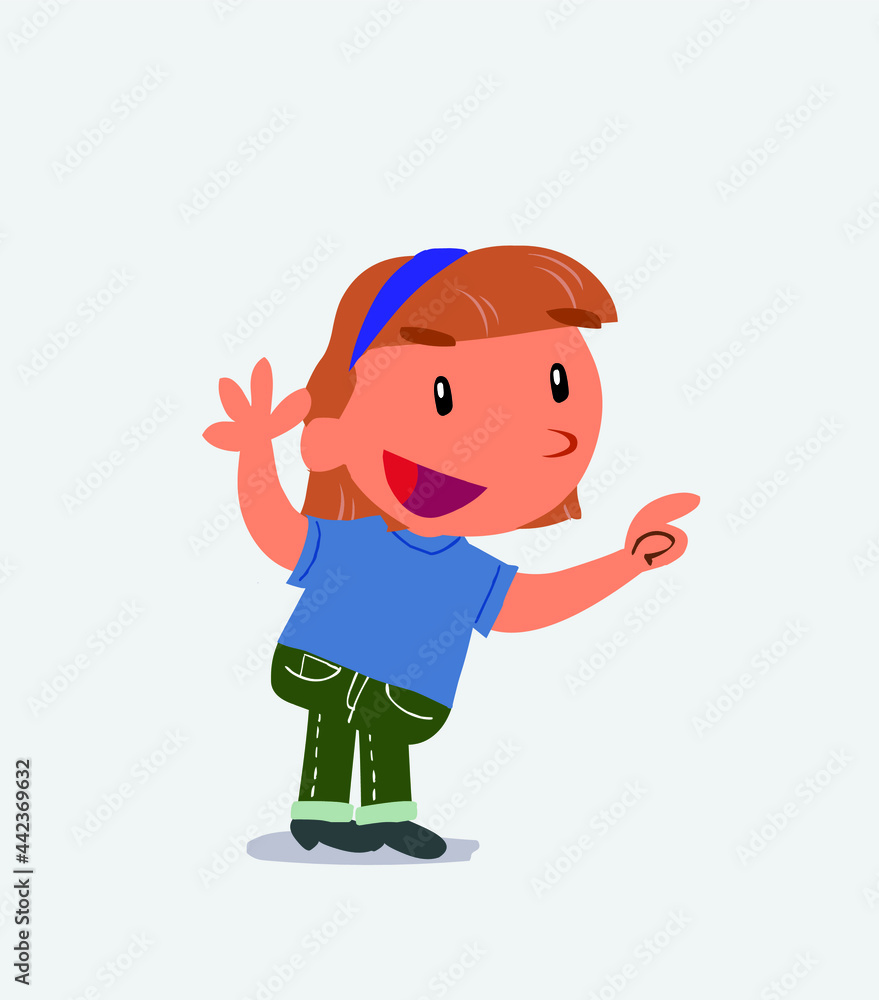 happy cartoon character of little girl on jeans points with pencil to the side.