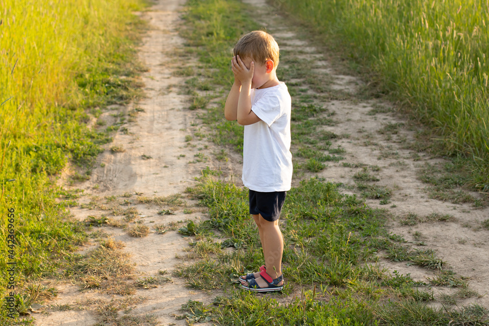 Little boy stands on the path in the field and covered his face with his hands. He plays hide and seek or crying