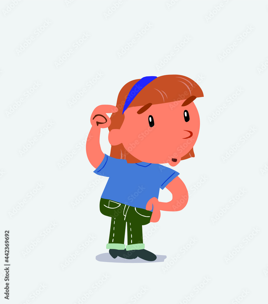 happy cartoon character of little girl on jeans rejoices with exam in hand. happy cartoon character of little girl on jeans rejoices with exam in hand.