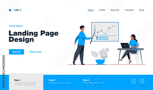 Business coach showing growth graph to businesswoman. Laptop, training, statistics flat vector illustration. Analytics and management concept for banner, website design or landing web page