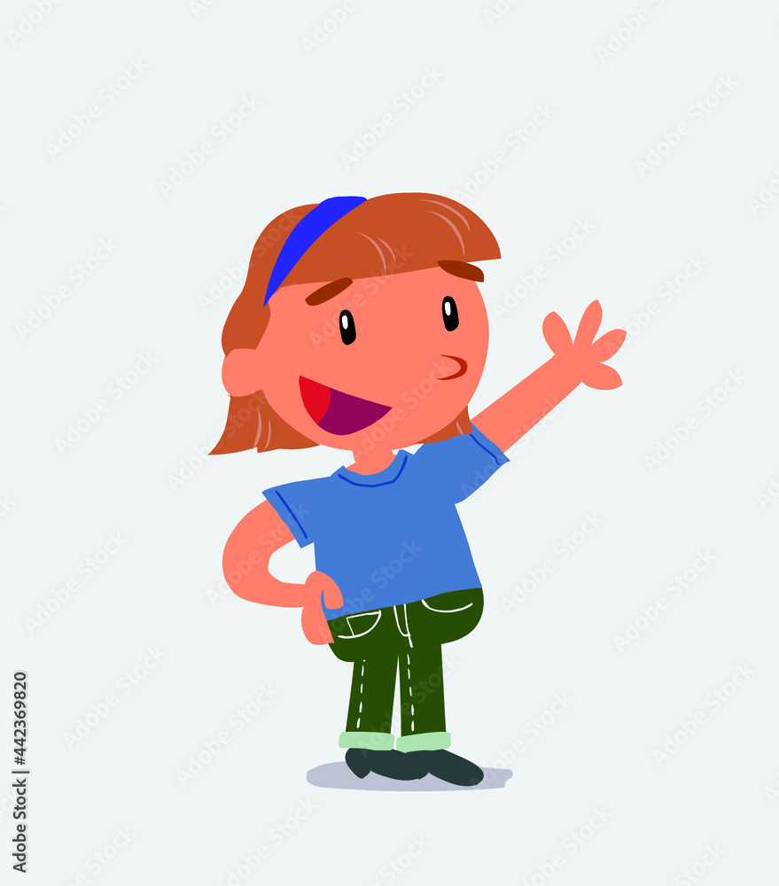  Pleased cartoon character of little girl on jeans explaining something