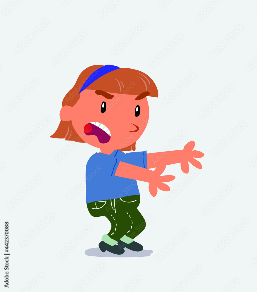 Very angry cartoon character of little girl on jeans pointing at something Very angry cartoon character of little girl on jeans pointing at something