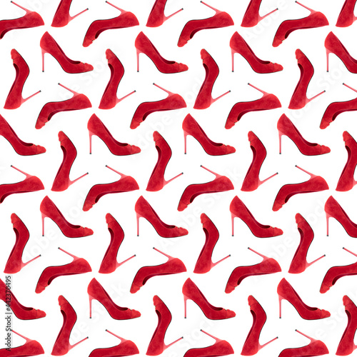 Pattern collage of photos of women's red shoes with heels Red shoes pattern. High heels women footwear background. © 0635925410