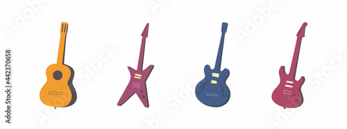 Electric guitar and acoustic guitar SVG set. Music stringed instruments. Colorful flat isolated templates vector illustration for plotter and laser cutting. Sticker and label. Rock, jazz, blues music.