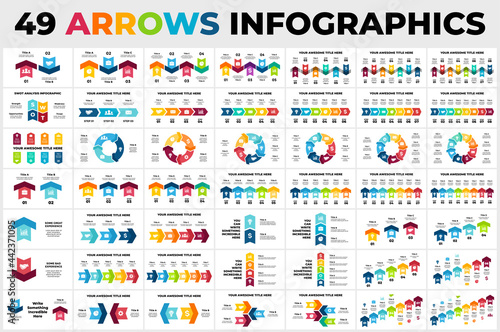 49 Arrows Vector Infographics Bundle. Presentation slide templates. Circle chart diagrams. Perfect for marketing or business project.