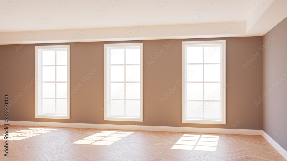 Beautiful Empty Sunlit Interior with Three Large Windows, Light Parquet Floor and a white Plinth with Work Path on Windows. 3d render. Ultra HD 8K 7680x4320 Beautiful Empty Sunlit Interior with Three Large Windows, Light Parquet Floor and a white Plinth with Work Path on Windows. 3d render. Ultra HD 8K 7680x4320