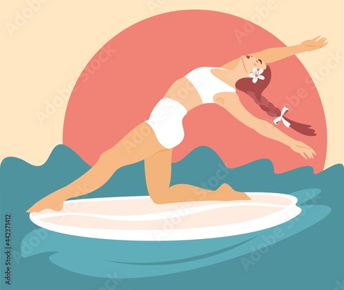 Surfing girl on the surf boards catching waves in the sea. Hello summer card in vector. Summer rest and vacation concept.