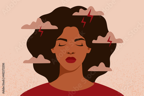 African American woman feels anxiety and emotional stress. Depressed black girl experiences mental health issues. Concept of psychological problem. Vector illustration.