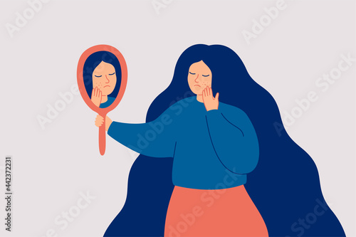 Sad woman has skin problems and she touching pimples on her face with worried. Anxious girl looking at the mirror on the acne. Skincare concept. Vector illustration