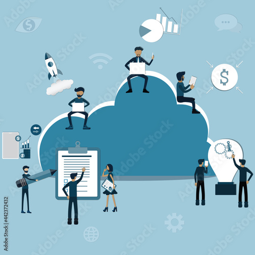 Flat of cloud technology,Many people stay around the cloud and do any activity - Vector