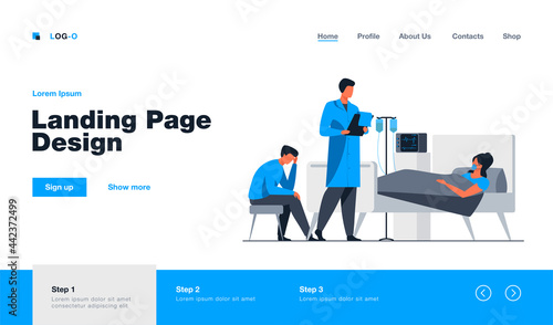 Woman suffering from hard disease. Patient on life support, doctor, hospital flat vector illustration. Illness, intensive care, medical help concept for banner, website design or landing web page