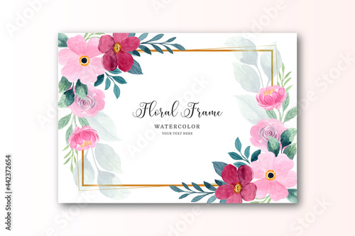 Red pink watercolor floral background with golden frame
