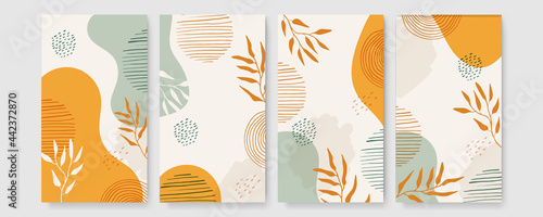 Tropical boho themed banners set. Creative compositions of colorful palm leaves and branches. Floral geometric design template for posters, covers, social media stories. Flat style vector illustration