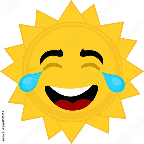 Vector emoticon illustration of a cartoon character of the sun crying with tears of joy