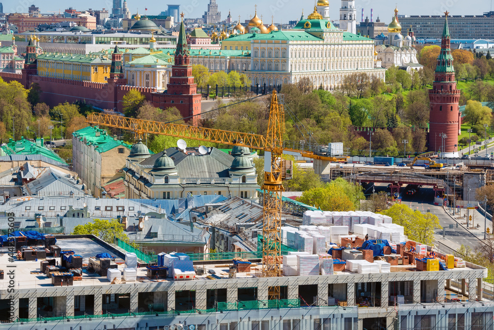 Fototapeta premium Top view of the reconstruction of an old building near the Moscow Kremlin Moscow