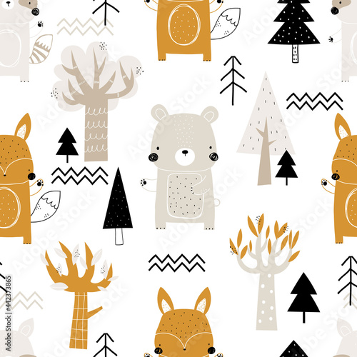 Vector hand-drawn color childrens seamless repeating pattern with cute bears, fox, raccoon, trees on a white background. Creative kids forest texture for fabric, wrapping, textile, wallpaper, apparel.