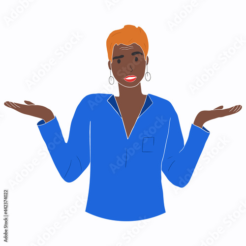 Portrait of young shocked afro american woman with casual style looking desperate or panic, keeping mouth open and making helpless gesture with her hands, doesn't know what to do. 