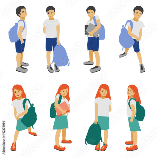 Back to school, children with schoolbags, schollboy kids isolated, pupils boys and girs in different poses with bags vector Illustration.