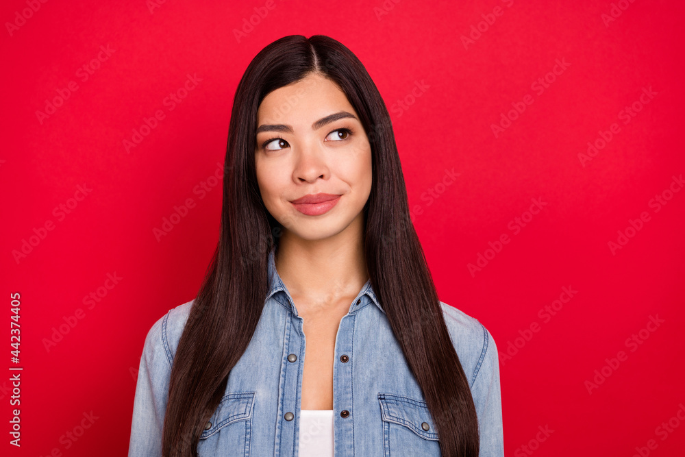 Photo of young pretty lovely chinese girl happy positive smile dream look empty space isolated over red color background Photo of young pretty lovely chinese girl happy positive smile dream look empty space isolated over red color background