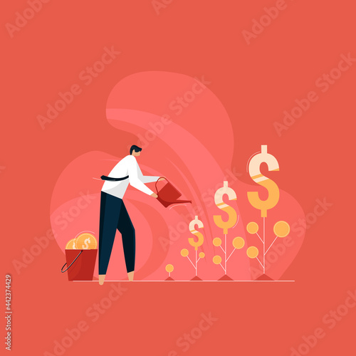 Make More Profit in business concept, businessman watering dollar plants modern investment with growing money