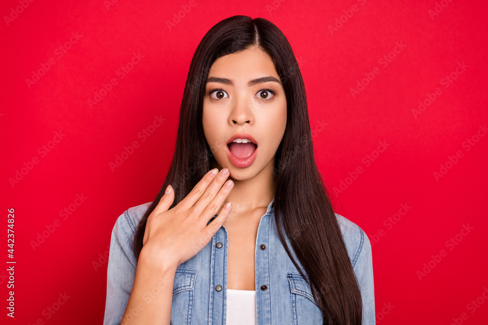 Portrait of attractive amazed girlfriend sudden news reaction wow offer sale isolated over bright red color background Portrait of attractive amazed girlfriend sudden news reaction wow offer sale isolated over bright red color background