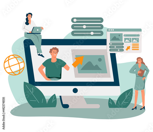 Marketing team working on personal brand, creating corporate identity, advertising profile or web site of female professional. Flat vector illustration for web presence, online identity concept