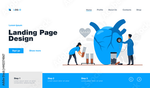 Cardiologists examining heart with stethoscope and blood samples in lab tubes among pills and heartbeat diagram. Vector illustration for cardiology, medical examination, heart disease concept