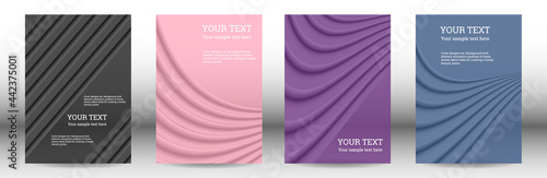 Cover designs set. Background with abstract volumetric gradient of linear waves, fabric folds for creating a trendy banner, poster
