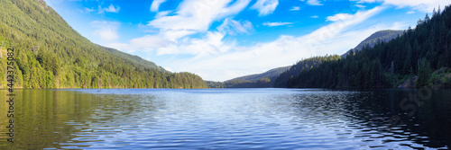 Panoramic View of Buntzen Lake surrounded by Canadian Mountain Landscape. Sunny Summer Sky Art Render. Located in Anmore, Vancouver, British Columbia, Canada. Nature Background Panorama photo