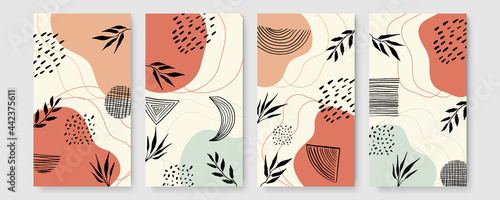Set of universal hand drawn floral template for cover. Home decor, backgrounds, cards. Children abstract and floral design in doodle style. Vector illustration and seamless pattern