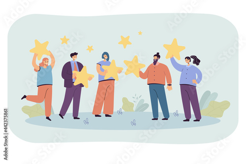 Group of people holding giant stars in hands. Flat vector illustration. Business workers getting positive feedback or satisfied customers rating best service. Business, experience, ranking concept