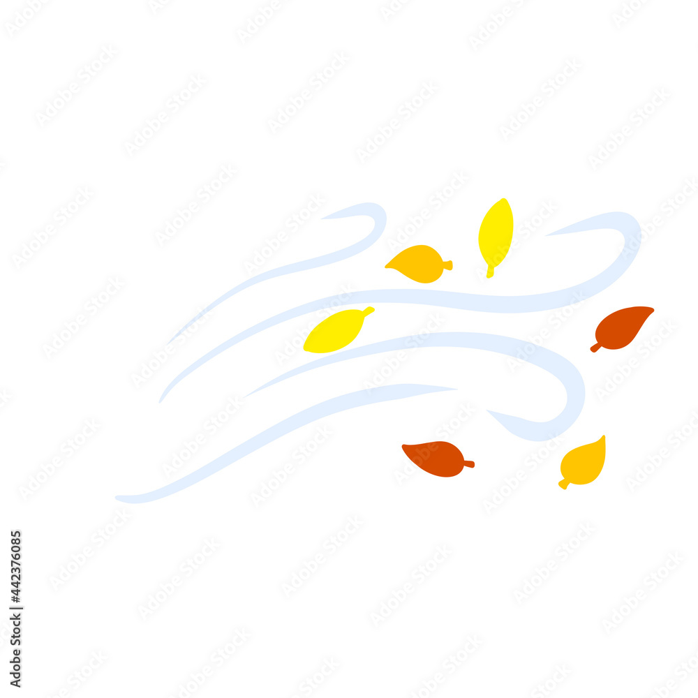 Autumn Wind. Stream of air with red and yellow leaves. Blue wavy line. Breeze and weather icon. Leaf fall. Flat illustration Autumn Wind. Stream of air with red and yellow leaves. Blue wavy line. Breeze and weather icon. Leaf fall. Flat illustration