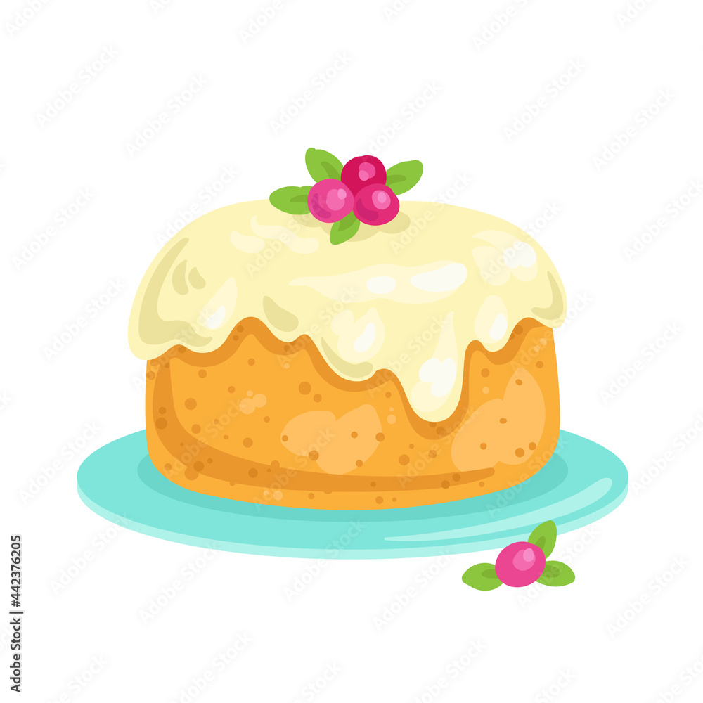 Cake decorated with cream and berries. In cartoon style. Isolated on white background. Vector illustration Cake decorated with cream and berries. In cartoon style. Isolated on white background. Vector illustration