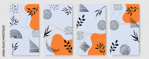 Set of universal hand drawn floral template for cover. Home decor, backgrounds, cards. Children abstract and floral design in doodle style. Vector illustration and seamless pattern