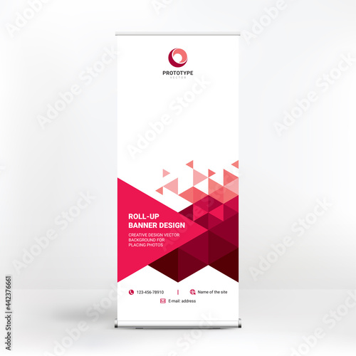 Roll-up advertising banner design, stand for presentations, conferences, seminars, exhibitions, creative geometric background