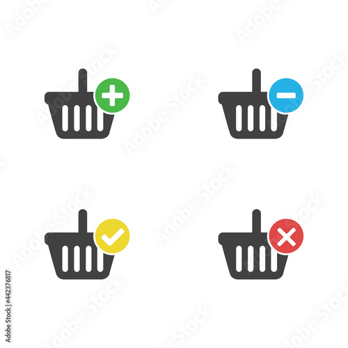 Black set of shopping Carts icon with add, remove, cancel, delete, flat graphic vector isolated on white background