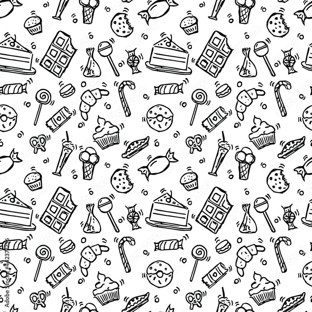 Seamless pattern with sweets. Doodle vector with sweets icons on white background. Vintage sweets pattern, sweet elements background for your project, menu, cafe shop. 