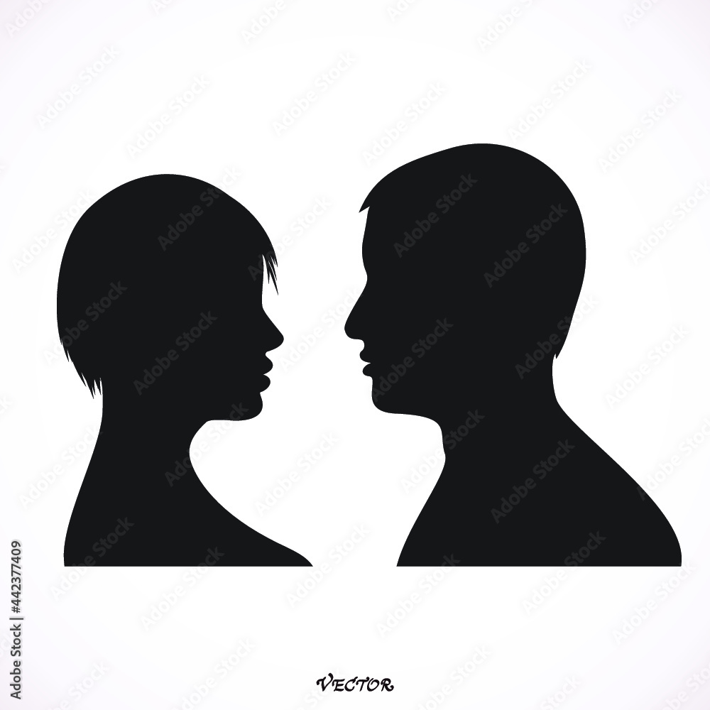 Man and woman face profile. Couple in love, flat style. Valentine's day card. Vector illustration Icon Isolated on White Background.