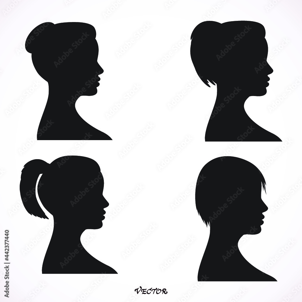 Set of black silhouette girl head with different hairstyle: tail, ponytail, bun. Young women face in profile with long hair, cartoon design. vector art image illustration, isolated on white background