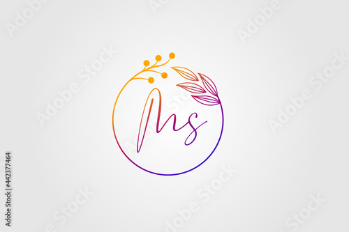 vector logo signature combination letter M and s isolated circle with leaves ahead. luxury vector monogram for cosmetic, restaurant, boutique, hotel logo concept vector on white background