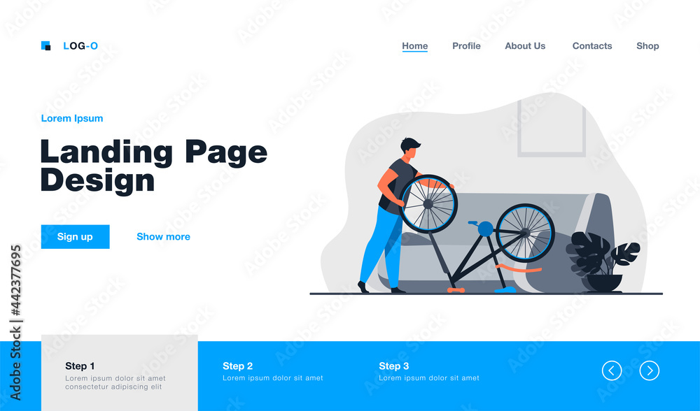 Man repairing bicycle at home. Wheel, sofa, living room flat vector illustration. Transport and maintenance concept for banner, website design or landing web page