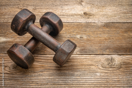 a pair of vintage iron rusty dumbbells on a grained barn wood background with a copy space, fitness concept