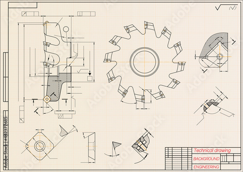 Mechanical engineering drawings on beige technical paper background. Cutting tools, milling cutter. Industrial Design. Cover. Blueprint. Business business. Vector illustration.
