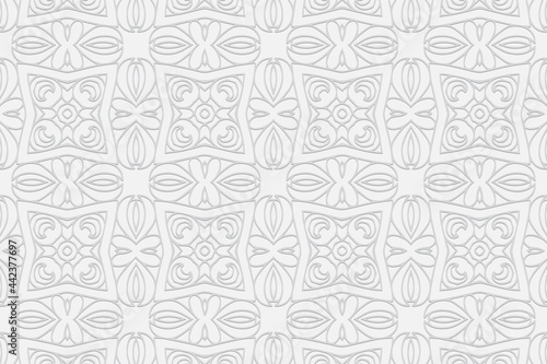 3d volumetric convex embossed geometric white background. Ethnic ornament with exotic unique pattern in handcrafted style Islam, Arabic, Indian, Turkish, Pakistani, Chinese, ottoman motives.