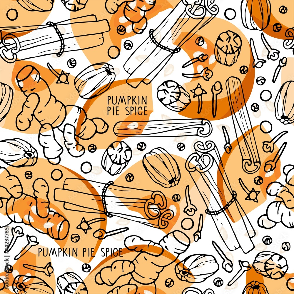 Seamless pattern with traditional pumpkin spices. Autumn backdrop Hand drawn Doodle nutmeg, cinnamon, cloves, pepper and flat pumpkin pieces. Cooking ingredient. For wallpaper, wrapping, scrapbooking.