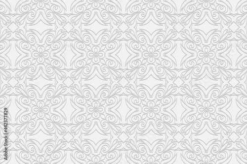 3d volumetric convex embossed geometric white background. Ethnic ornament with openwork artistic pattern in the style of handcrafted Islam, Arabic, Indian, Turkish, Pakistani, Chinese, ottoman motives