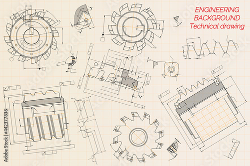 Mechanical engineering drawings on beige technical paper background. Cutting tools, milling cutter. Industrial Design. Cover. Blueprint. Business business. Vector illustration.